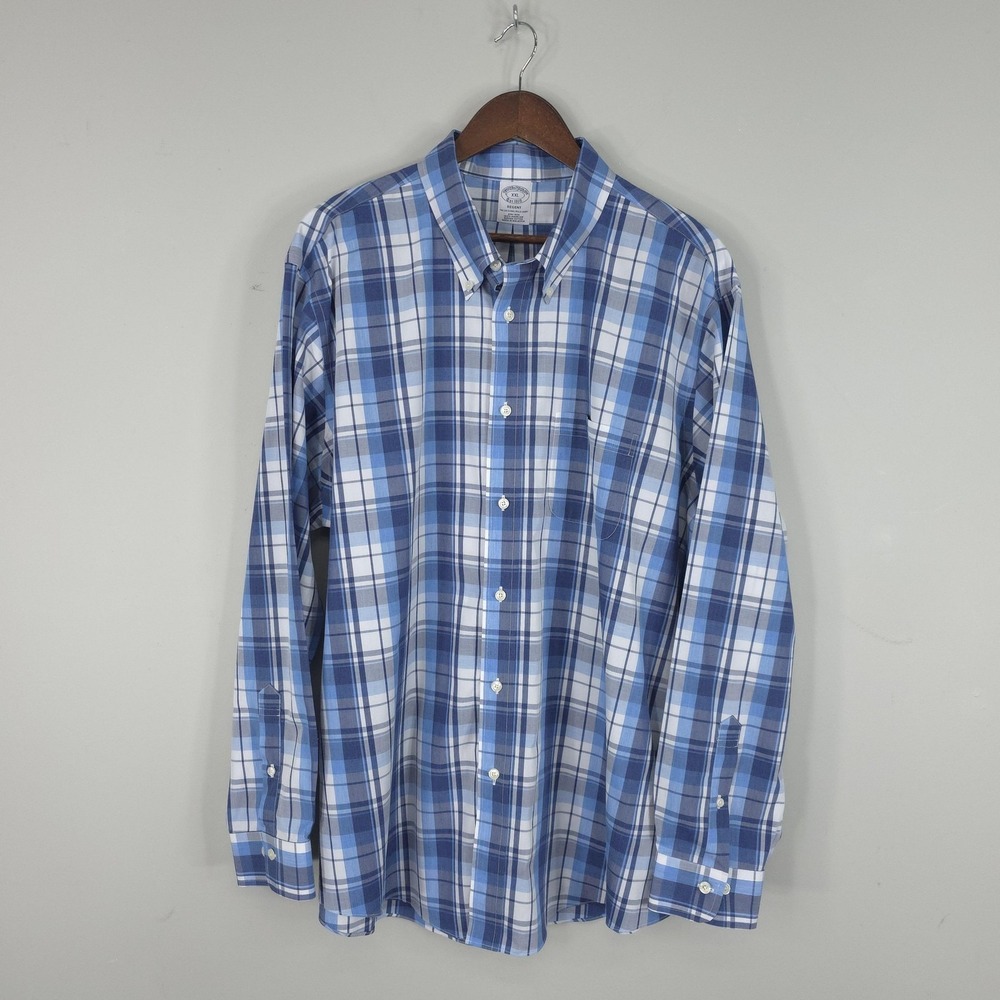 Brooks Brothers Shirt Mens 2XL Blue Plaid Long Sleeve Regent‎ Supima Cotton